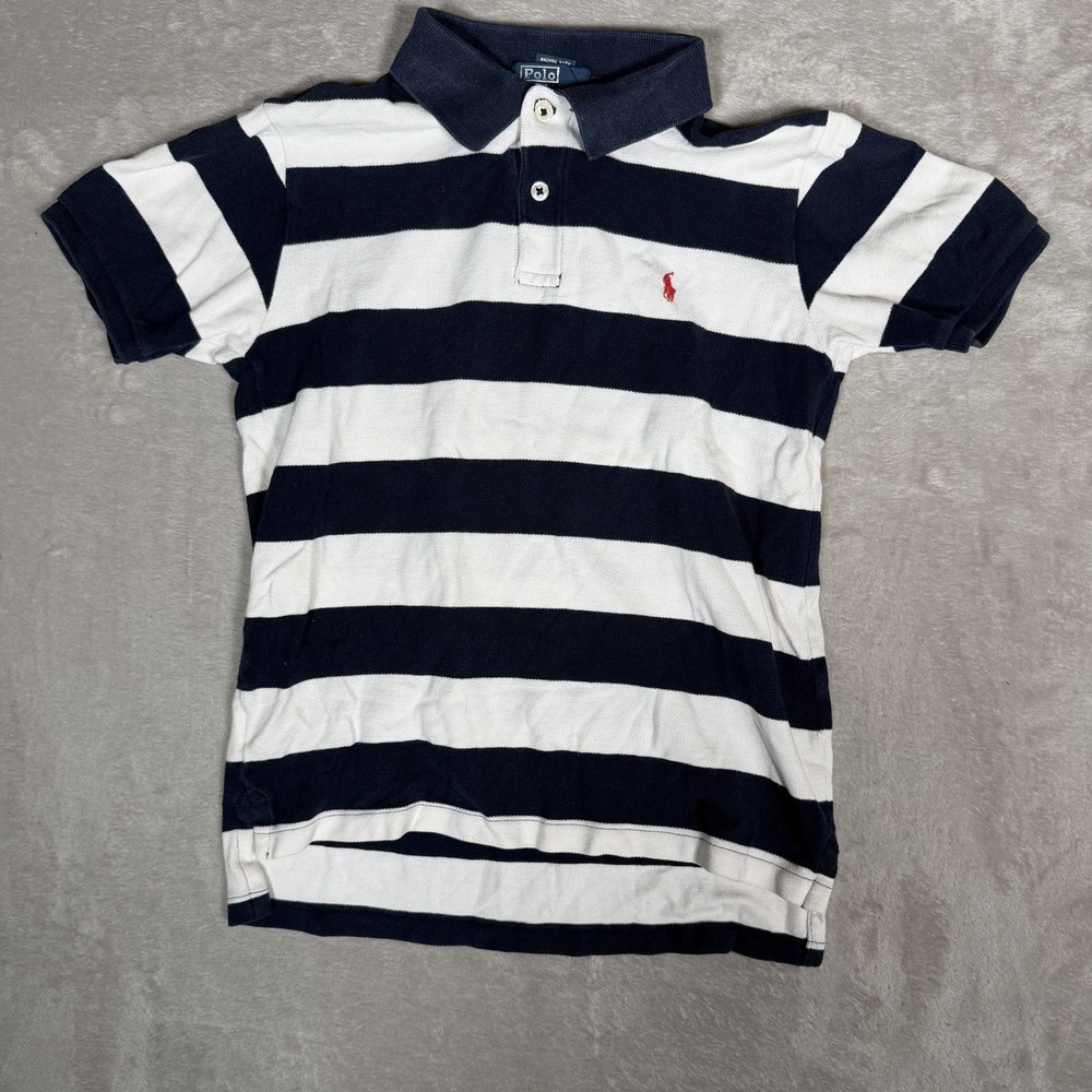 Polo Ralph Lauren Boys Size 7 Navy White Striped Polo Shirt Red Pony
